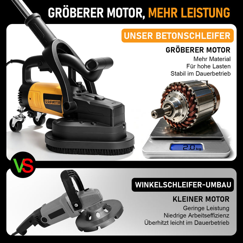 XIIW 3800W Betonschleifer 3-Scheiben, Ø105 mm, 6 Stufen, Nass/Trocken, Staubabsaugung, langer Handgriff
