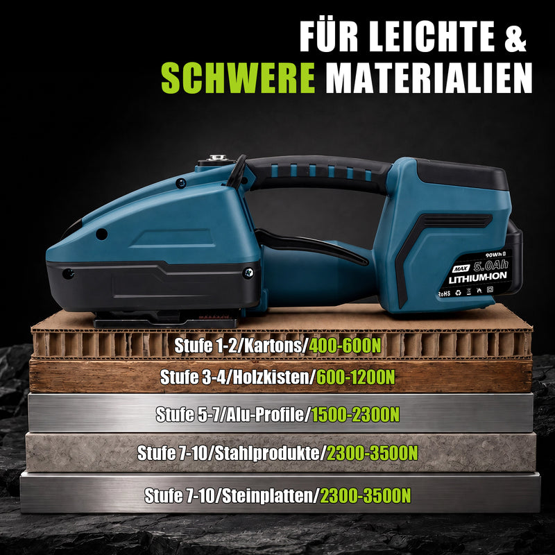 XIIW Akku-Umreifungsgerät 3500 N, PET/PP 10–16 mm, 2×5000 mAh, Elektrische Umreifungsmaschine mit Digitalanzeige