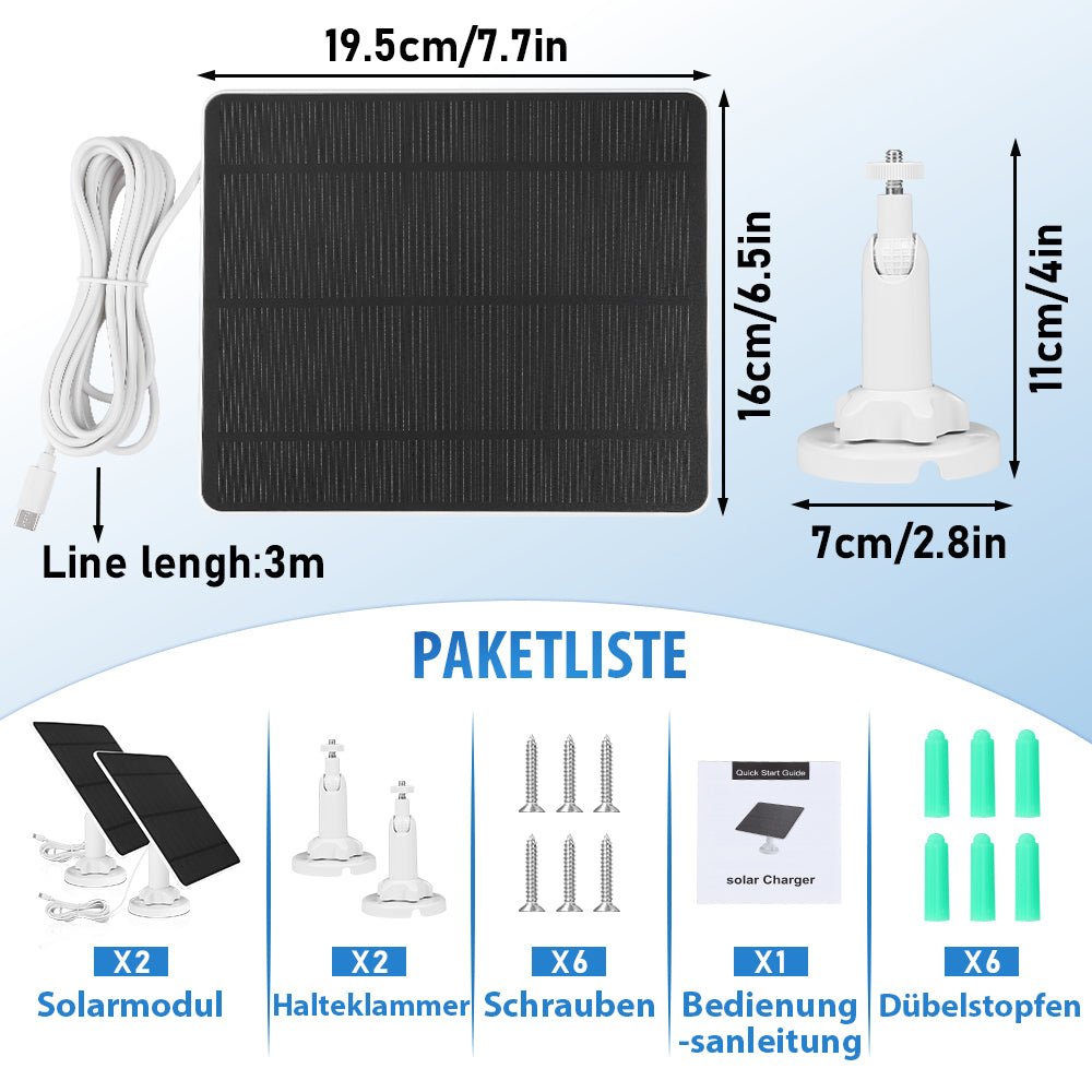 5W Solarmodul für Akku - Überwachungskameras – Outdoor Solarpanel IP65 mit USB/USB - C/DC 3,5 mm für 5V WLAN Kamera
