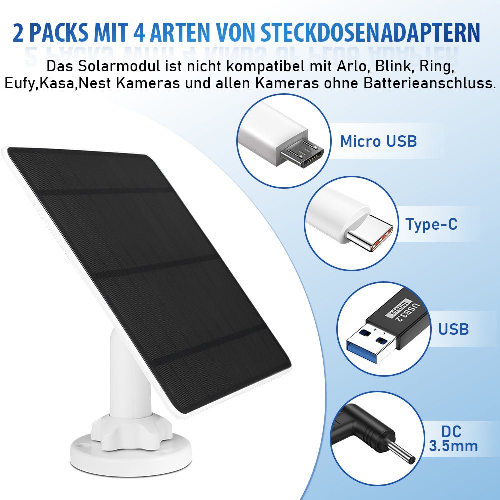 5W Solarmodul für Akku - Überwachungskameras – Outdoor Solarpanel IP65 mit USB/USB - C/DC 3,5 mm für 5V WLAN Kamera
