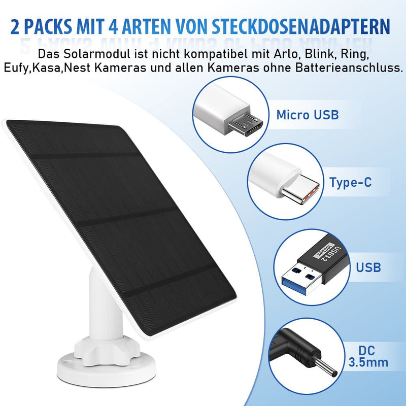 5W Solarmodul für Akku - Überwachungskameras – Outdoor Solarpanel IP65 mit USB/USB - C/DC 3,5 mm für 5V WLAN Kamera