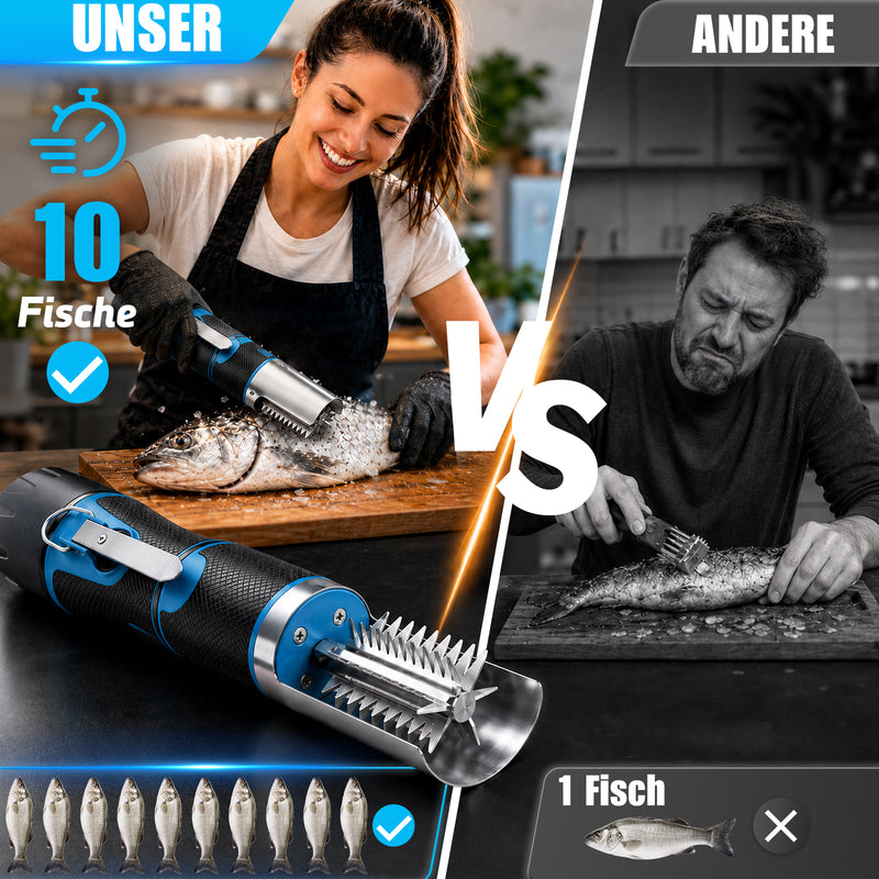 XIIW Elektrischer Fischentschupper 650W 7500 U/min, Fischschupper mit 2×2200mAh Akkus, 304 Edelstahl, abwaschbar, 180° Schutzhaube