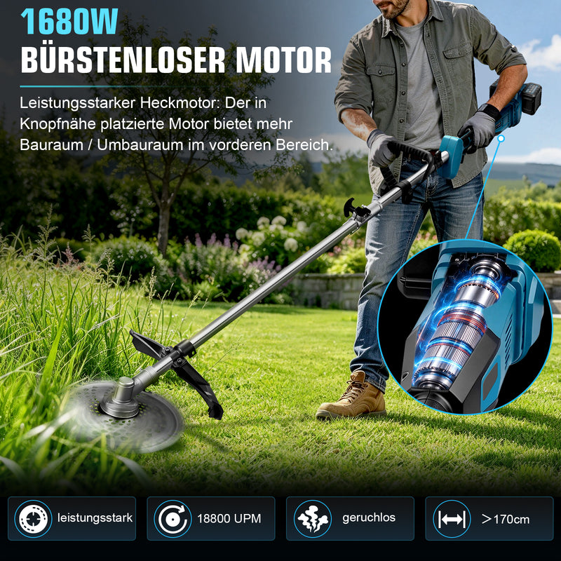 XIIW Akku Freischneider 1680W, Bürstenlos 18800 U/min, 2×4,0Ah Akkus, Motorsense mit 3 Bürsten, Metallmesser & Sägeblättern