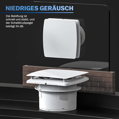 Badlüfter Ø100mm Abluftventilator mit Rückstauklappe, Badezimmerlüfter 95 m³/h, 12 Watt / 34dB - XIIW