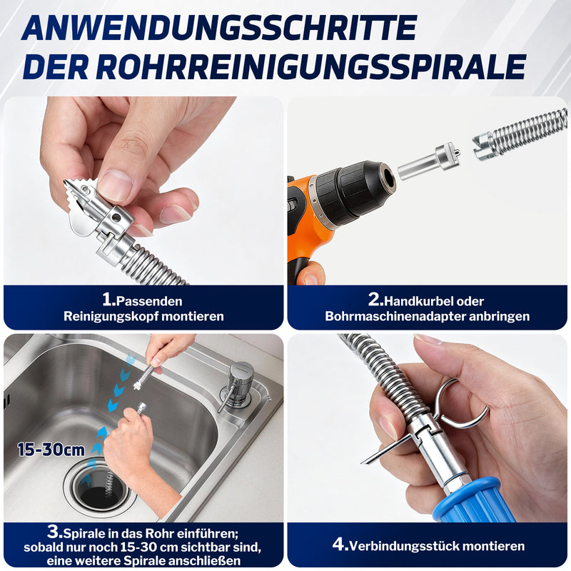 XIIW Rohrreinigungsspirale Ø12 mm 2x3 m, Abflussspirale mit 7 Köpfen, Handkurbel & Bohrmaschinenadapter, Rohre bis Ø80 mm