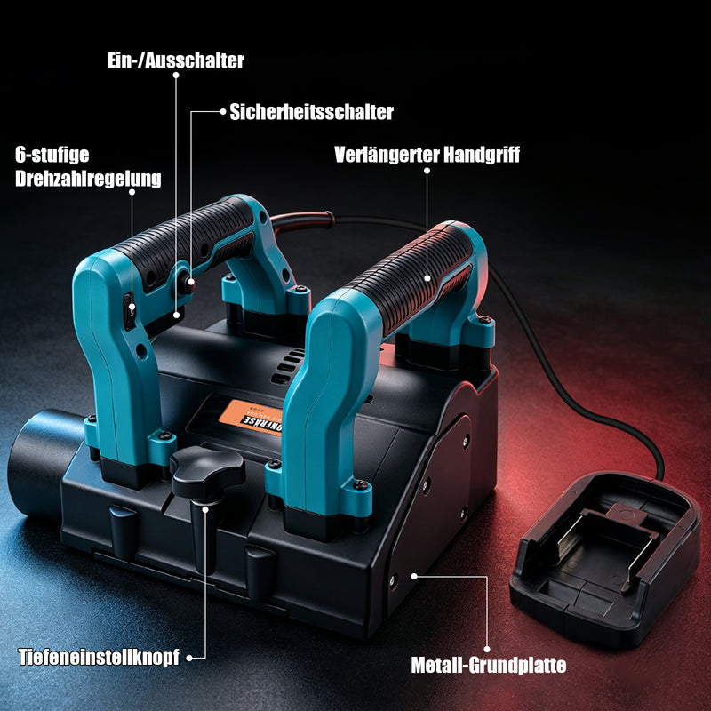 XIIW Akku Wandfräse 1600W, Akku Putzfräse & Sanierungsfräse 0–4 mm, 120 mm, 3×4,0Ah Akku, Seitenfräser, 1000–4000 U/min