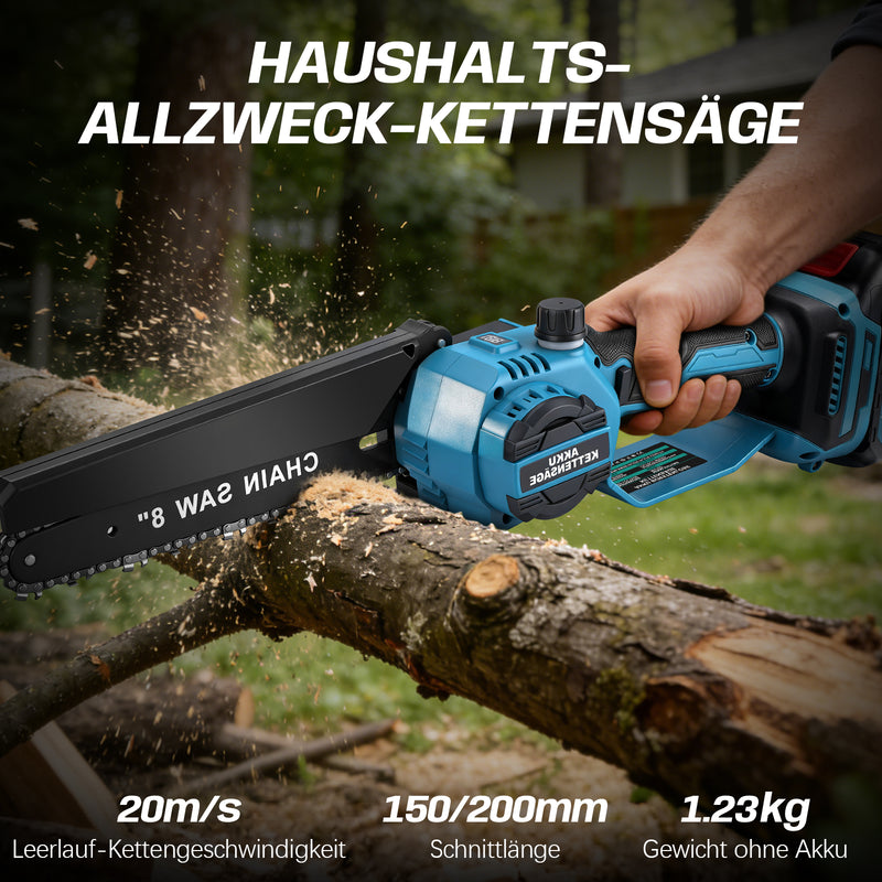 XIIW Akku Mini-Kettensäge 900 W, 6/8 Zoll, bürstenlos, 28000 U/min, 2 x 2,0 Ah Akkus, Kettenschmierung & werkzeuglose Spannung