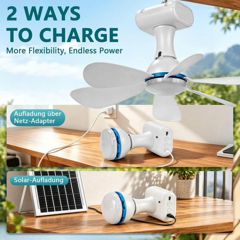 XIIW Solar Camping Ventilator mit LED Licht, 6000mAh Akku, Solarpanel, Fernbedienung & Timer, 3 Lichtfarben, für Zelt & Wohnmobil