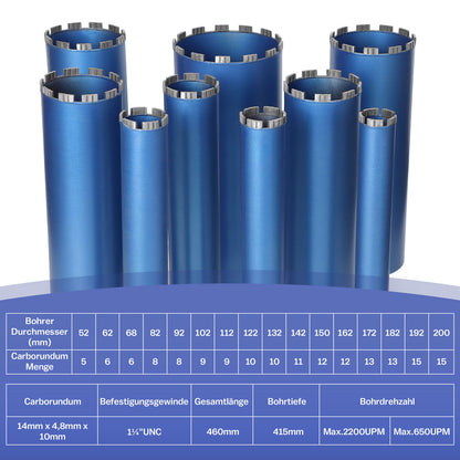 Diamond core bit L 460mm | Ø52mm-Ø200mm | 1 1/4 inch UNC | with turbo segment SDS-PLUS adapter core drill segment height 10mm wet core bit dry core bit laser welded for concrete granite marble stone masonry 