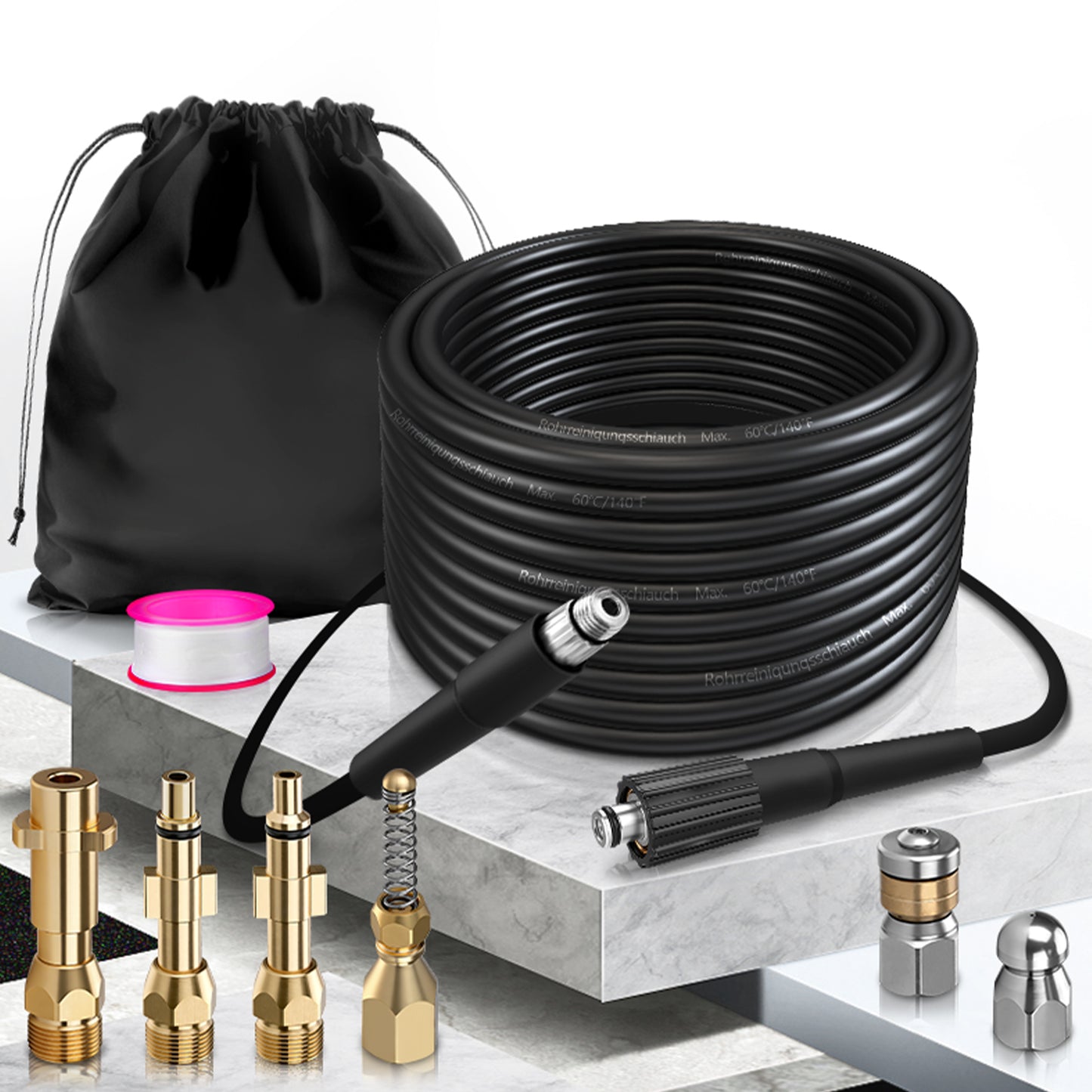 Professioneller Hochdruck-Rohrreinigungsschlauch mit 3 Messingdüsen – kompatibel mit Kärcher, Bosch & Parkside Hochdruckreinigern bis 240 bar