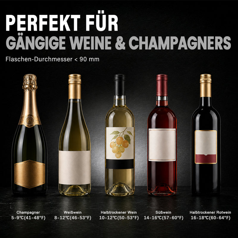 XIIW Elektrischer Weinkühler 5–18 °C, Flaschenkühler bis Ø92 mm mit Touchscreen, 39 dB für Wein, Sekt & Champagner