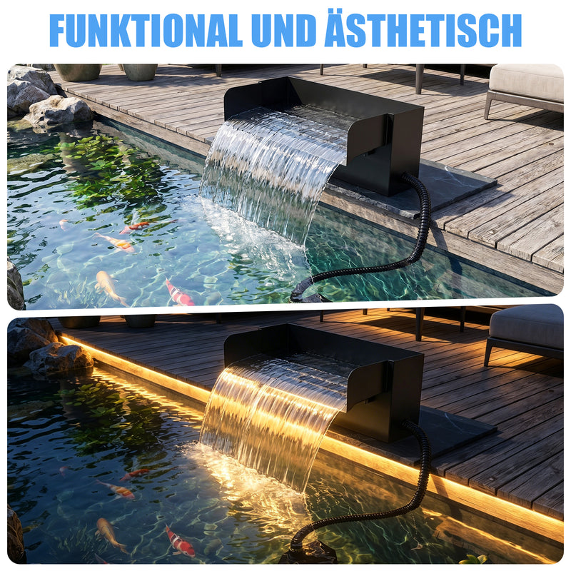 XIIW Teich-Wasserfall-Set mit 3000 l/h Pumpe, UVC-Klärer, RGB-Beleuchtung und Edelstahl-Wasserfall