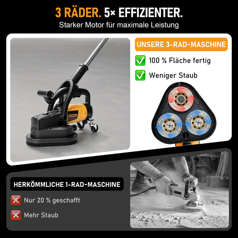 XIIW 3800W Betonschleifer 3-Scheiben, Ø105 mm, 6 Stufen, Nass/Trocken, Staubabsaugung, langer Handgriff