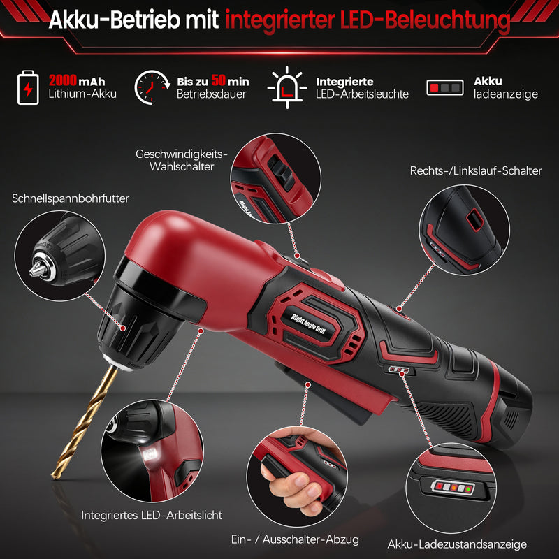 XIIW 12V Akku-Winkelbohrmaschine 90°, 18 Nm, 10 mm Schnellspannfutter, 2-Gang Winkelbohrer mit 2,0Ah Akku & LED