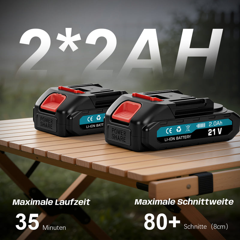 XIIW Akku Mini-Kettensäge 900 W, 6/8 Zoll, bürstenlos, 28000 U/min, 2 x 2,0 Ah Akkus, Kettenschmierung & werkzeuglose Spannung