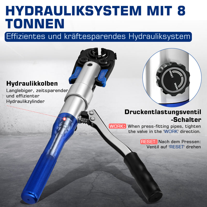 XIIW Hydraulische Presszange 80 kN, V- & TH-Kontur 12–32 mm, 14-teiliges Rohrpresszangen-Set mit Rohrschneidern und Entgrater