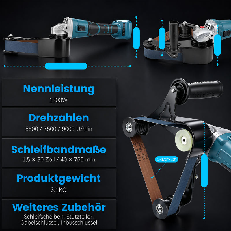 XIIW Akku Rohrbandschleifer 1000 W, 40 x 760 mm, 5500–9000 U/min, 240° Umschlingung, 2 x 4,0 Ah Akkus