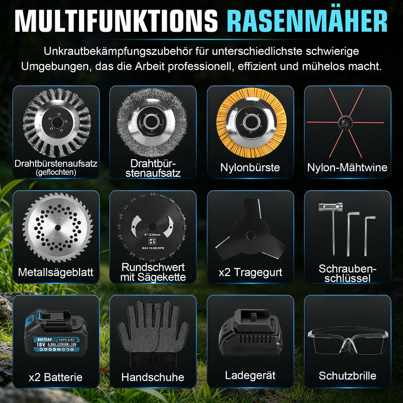 XIIW Akku Freischneider 1680W, Bürstenlos 18800 U/min, 2×4,0Ah Akkus, Motorsense mit 3 Bürsten, Metallmesser & Sägeblättern