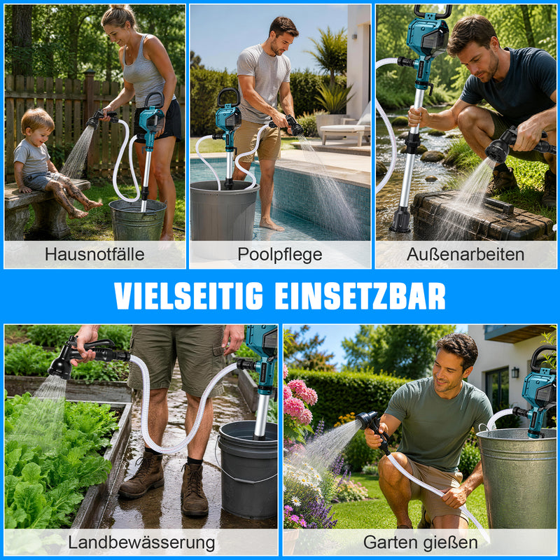 XIIW Akku-Wasserpumpe mit 2×4Ah Akkus, 3600 l/h, 10 m Förderhöhe, 3/4 Zoll – Transferpumpe für Regentonne, Pool, Keller & Garten