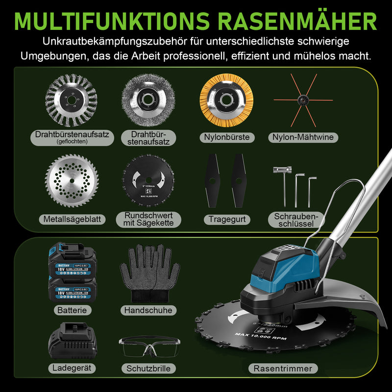 XIIW Akku Freischneider 1200 W, 16800 U/min, 2 x 4,0 Ah Akkus, 3 Unkrautbürsten, Metallmesser und Kreissägeblatt
