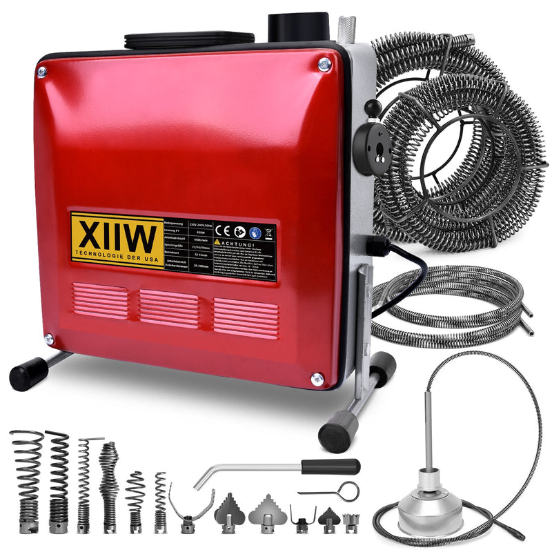 850W Rohrreinigungsmaschine mit 14m Ø22mm,14.5m Ø16mm, 5m Ø10mm Spirale für Ø20 - 200mm Rohrleitungen 450U/M