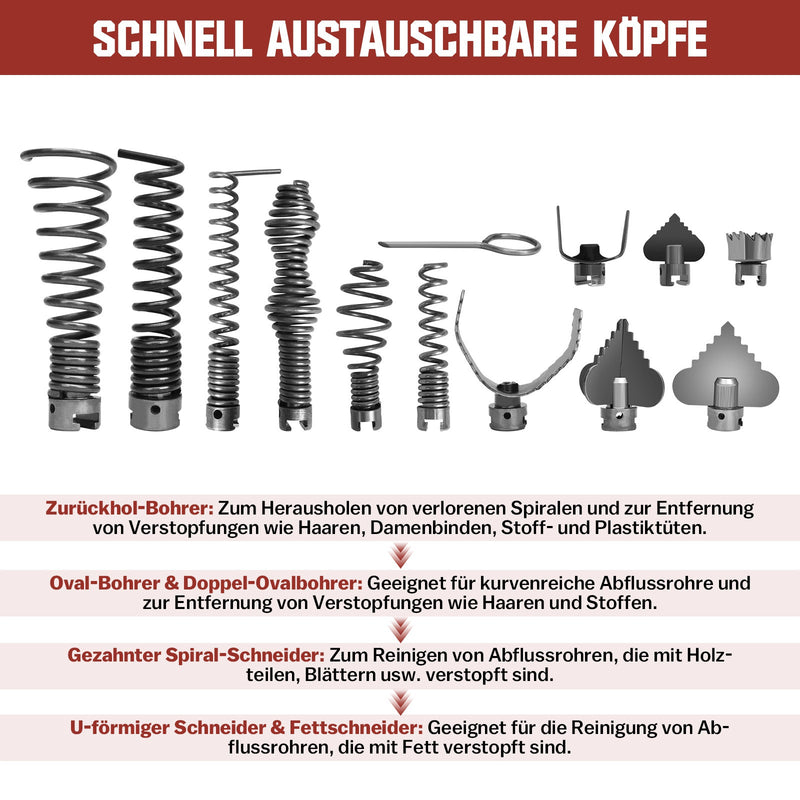 850W Rohrreinigungsmaschine mit 14m Ø22mm,14.5m Ø16mm, 5m Ø10mm Spirale für Ø20 - 200mm Rohrleitungen 450U/M