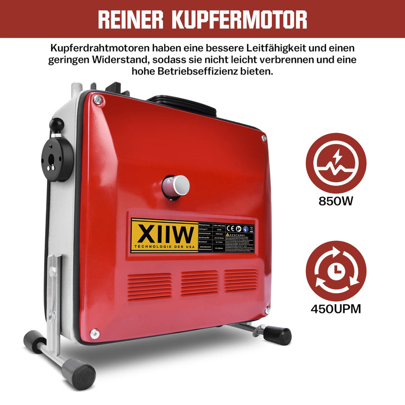 850W Rohrreinigungsmaschine mit 14m Ø22mm,14.5m Ø16mm, 5m Ø10mm Spirale für Ø20 - 200mm Rohrleitungen 450U/M