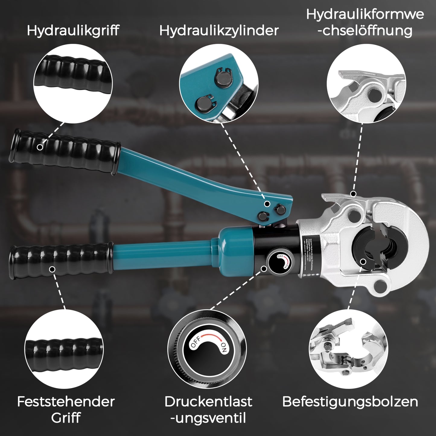Hydraulische Presszange V-Kontur Set 12–28mm – Profi Verpressung für Kupfer-, Edelstahl- & Verbundrohre