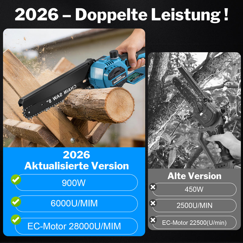 XIIW Akku-Kettensäge 6 + 8 Zoll, bürstenlose Mini-Kettensäge 900 W, 2×2,0 Ah Akkus, Ölsystem, 4 Ketten, werkzeuglose Kettenspannung, Koffer