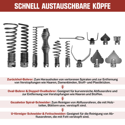 850W Rohrreinigungsmaschine mit 14m Ø22mm,14.5m Ø16mm, 5m Ø10mm Spirale für Ø20-200mm Rohrleitungen 450U/M - XIIW