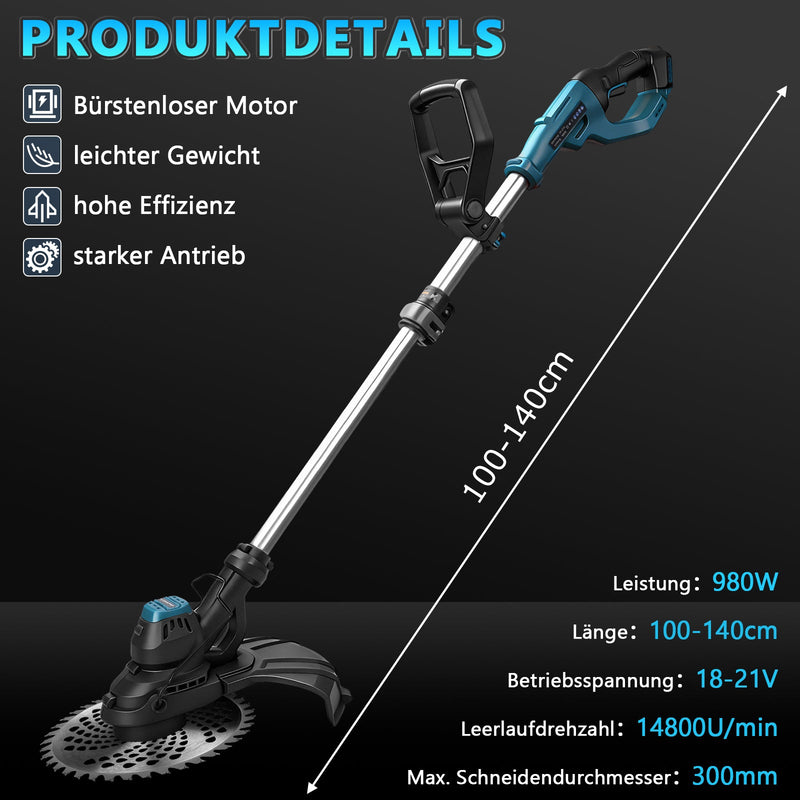 980W Akku Rasentrimmer Bürstenlos 14800 U/min Freischneider Unkrautbürste mit Sägeblatt Makita 18V kompatibel Garten Trimmer Multitool