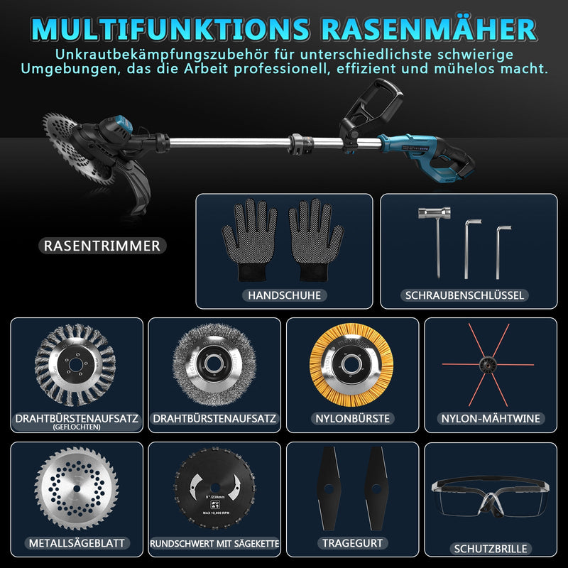 980W Akku Rasentrimmer Bürstenlos 14800 U/min Freischneider Unkrautbürste mit Sägeblatt Makita 18V kompatibel Garten Trimmer Multitool