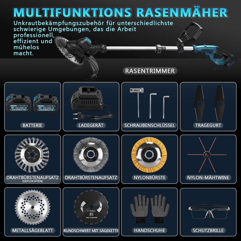 980W Akku Rasentrimmer Bürstenlos 18V mit 2 Akkus, Unkrautbürste & Sägeblatt, Freischneider Makita kompatibel