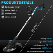 980W Akku Rasentrimmer Bürstenlos 18V mit 2 Akkus, Unkrautbürste & Sägeblatt, Freischneider Makita kompatibel