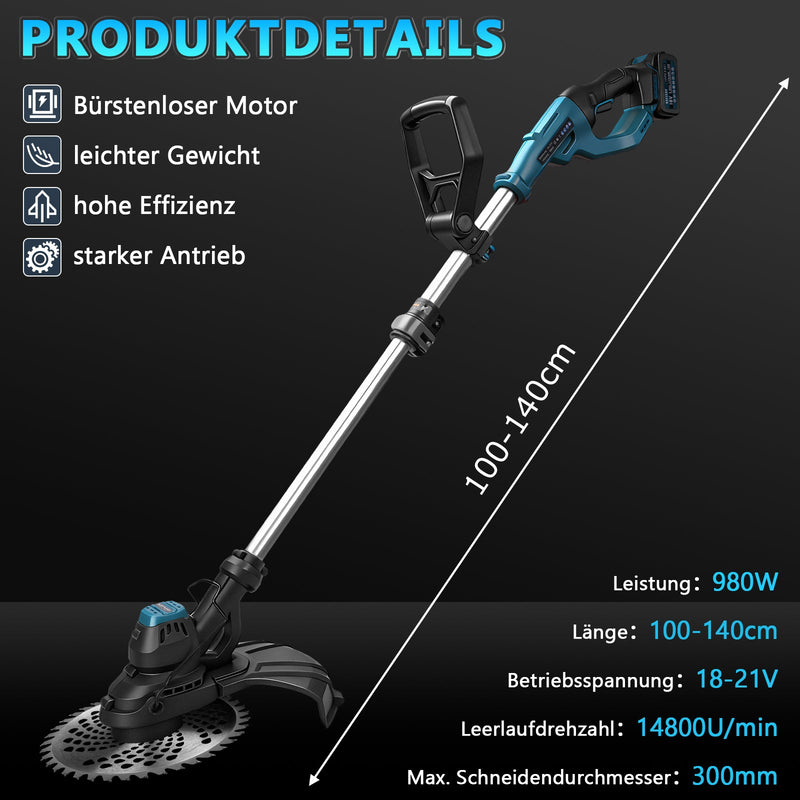 980W Akku Rasentrimmer Bürstenlos 18V mit 2 Akkus, Unkrautbürste & Sägeblatt, Freischneider Makita kompatibel