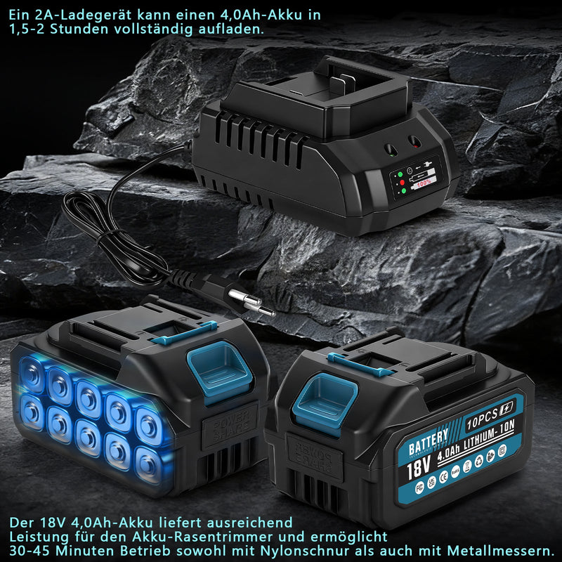 980W Akku Rasentrimmer Bürstenlos 18V mit 2 Akkus, Unkrautbürste & Sägeblatt, Freischneider Makita kompatibel