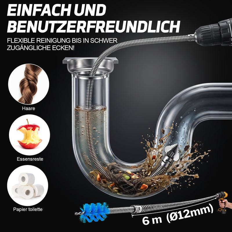 XIIW Rohrreinigungsspirale Ø12 mm 2x3 m, Abflussspirale mit 7 Köpfen, Handkurbel & Bohrmaschinenadapter, Rohre bis Ø80 mm