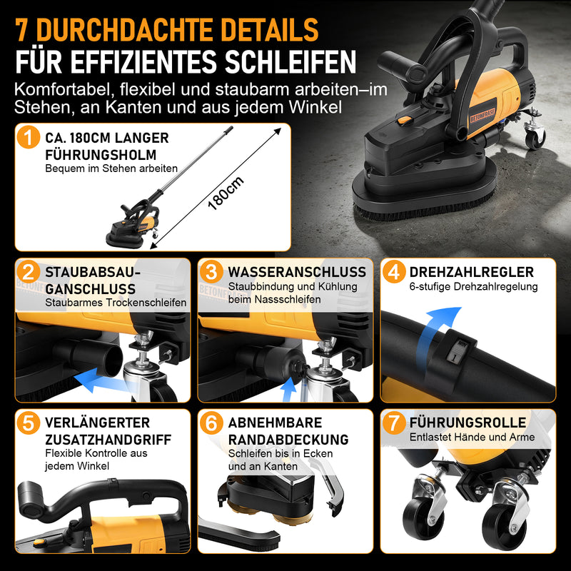 XIIW 3800W Betonschleifer 3-Scheiben, Ø105 mm, 6 Stufen, Nass/Trocken, Staubabsaugung, langer Handgriff