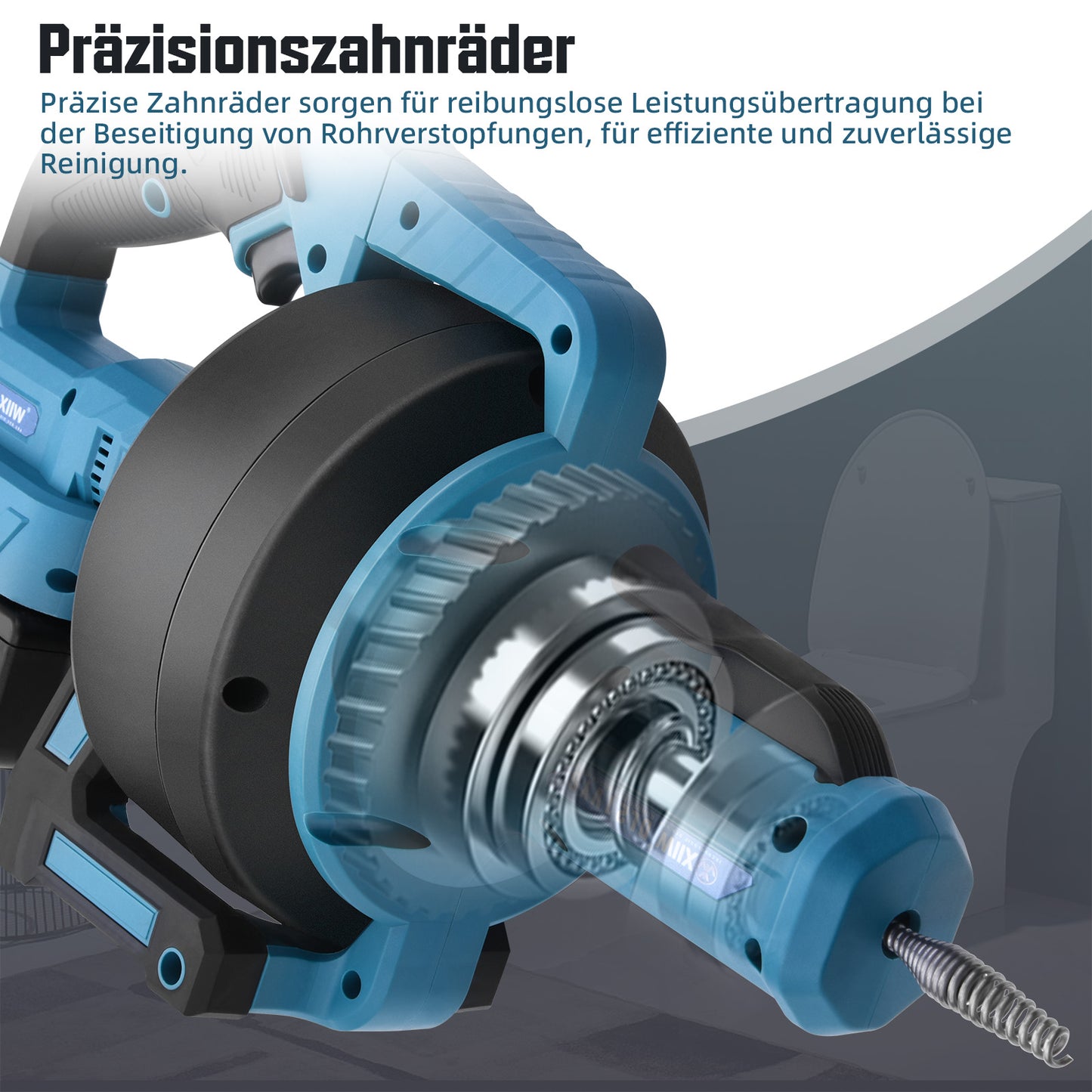 Akku Rohrreinigungsmaschine 21V – mit 7,6 m Spirale, stufenloser Drehzahl, 2 Akkus, für Abfluss & Küche