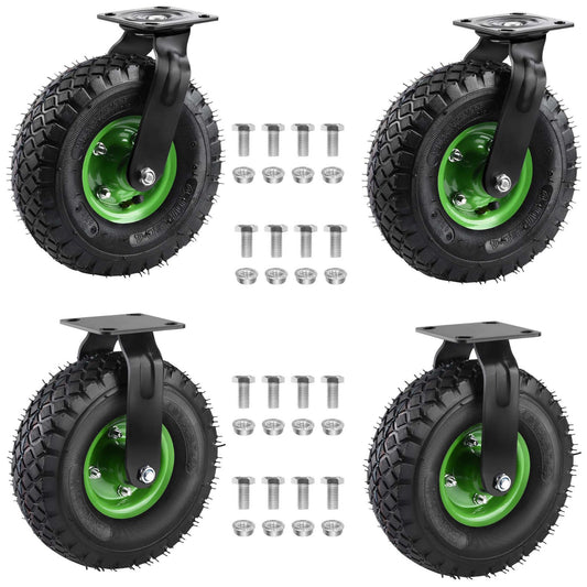 Schwerlast Rollen Set 4 Stück – 2× 360° Lenkrollen + 2× Bockrollen, luftgefüllt 250 mm, Vollgummi, geländegängig für Werkbank & Wagen