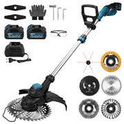 980W cordless grass trimmer, brushless 18V with 2 batteries, weed brush & saw blade, brush cutter compatible with