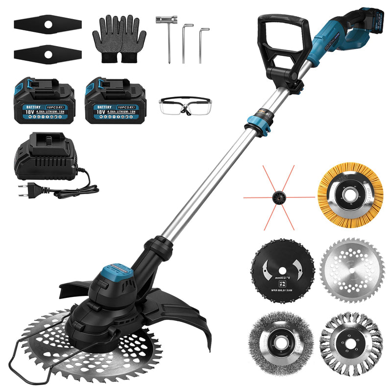 980W cordless grass trimmer, brushless 18V with 2 batteries, weed brush & saw blade, brush cutter compatible with