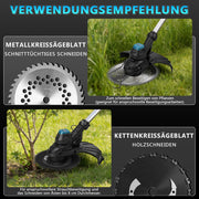 980W cordless grass trimmer, brushless 18V with 2 batteries, weed brush & saw blade, brush cutter compatible with
