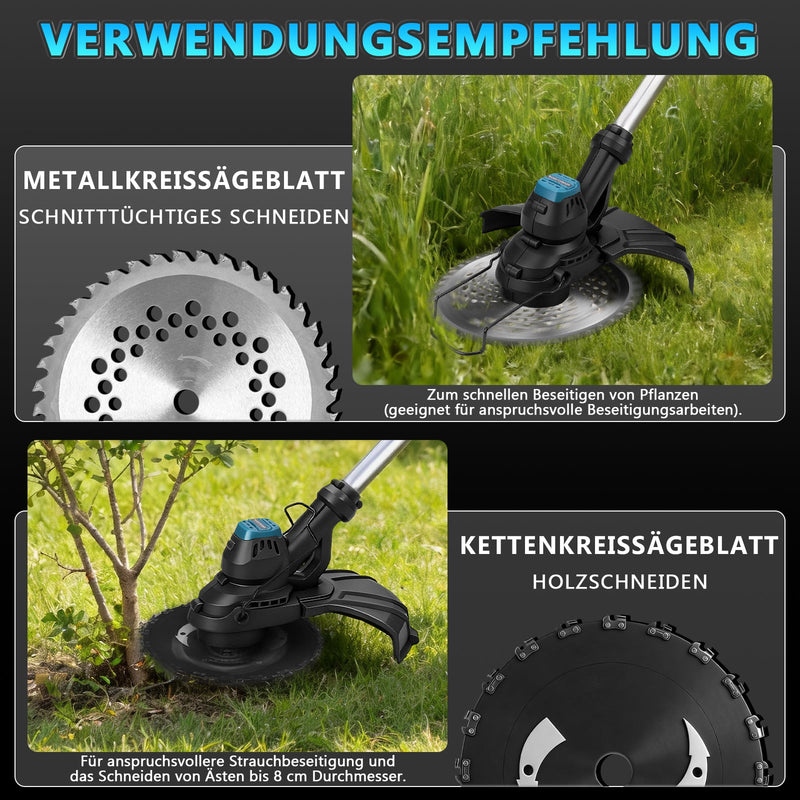 980W cordless grass trimmer, brushless 18V with 2 batteries, weed brush & saw blade, brush cutter compatible with