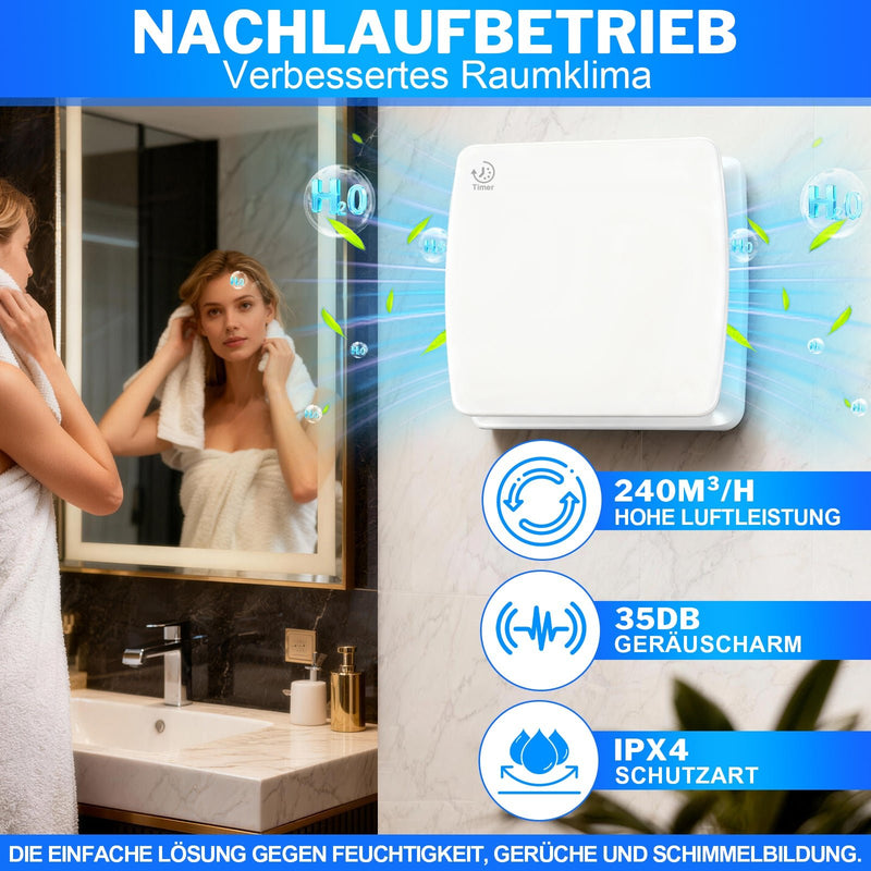 Abluftventilator 150mm mit Feuchtesensor & Nachlauffunktion, 240 m³/h, leiser Badlüfter IPX4 mit Rückstauklappe gegen Feuchtigkeit & Schimmel