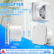 Abluftventilator 150mm mit Feuchtesensor & Nachlauffunktion, 240 m³/h, leiser Badlüfter IPX4 mit Rückstauklappe gegen Feuchtigkeit & Schimmel