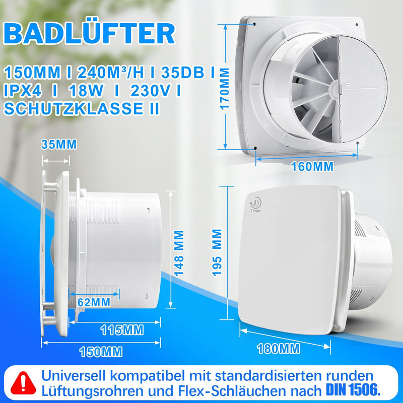 Abluftventilator 150mm mit Feuchtesensor & Nachlauffunktion, 240 m³/h, leiser Badlüfter IPX4 mit Rückstauklappe gegen Feuchtigkeit & Schimmel