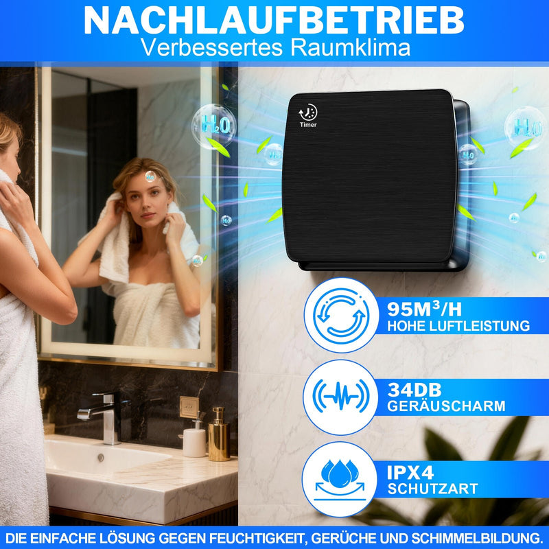 Abluftventilator 150mm mit Hygrostat, 95 m³/h leiser Badlüfter IPX4 mit Timer & Rückstauklappe zur Schimmelprävention