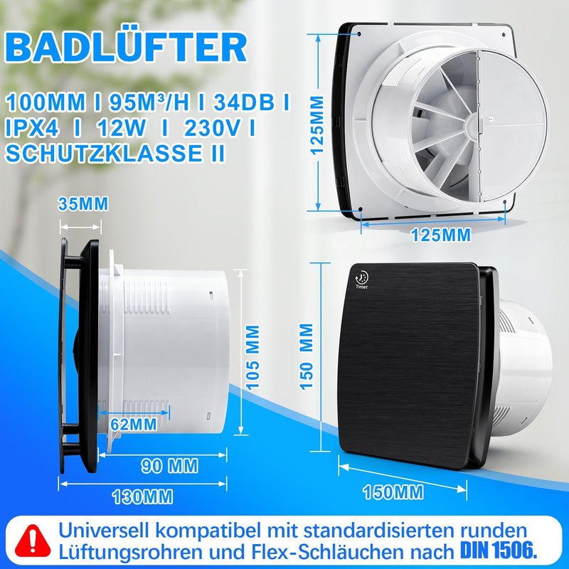 Abluftventilator 150mm mit Hygrostat, 95 m³/h leiser Badlüfter IPX4 mit Timer & Rückstauklappe zur Schimmelprävention