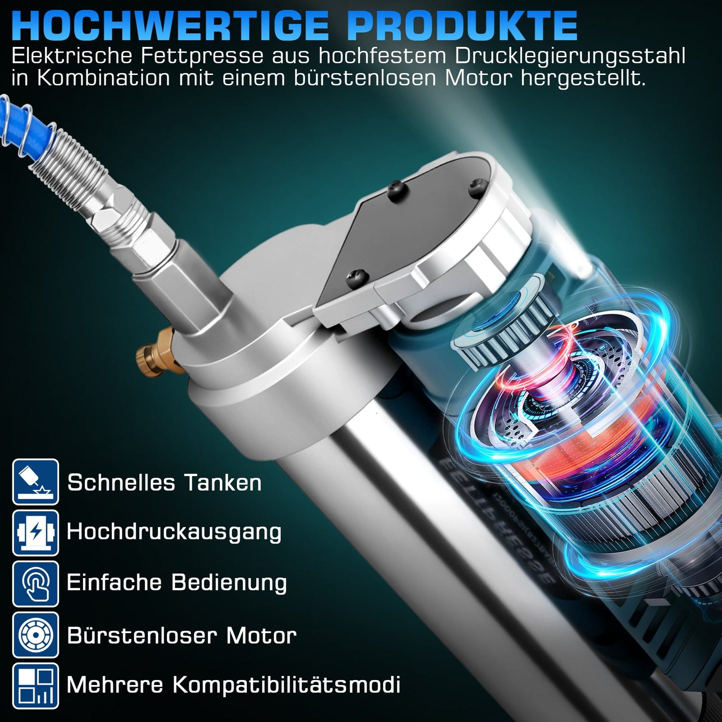 Akku Fettpresse 12000 PSI Hochdruck, 2 - in - 1 Griff, LED, 600g Kapazität, kabellos